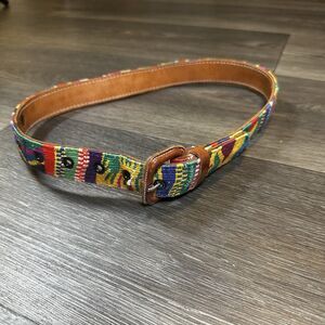 VTG Guatemalan Multicolor Hand Woven Handmade Leather Belt Womens 34 Boho Hippie